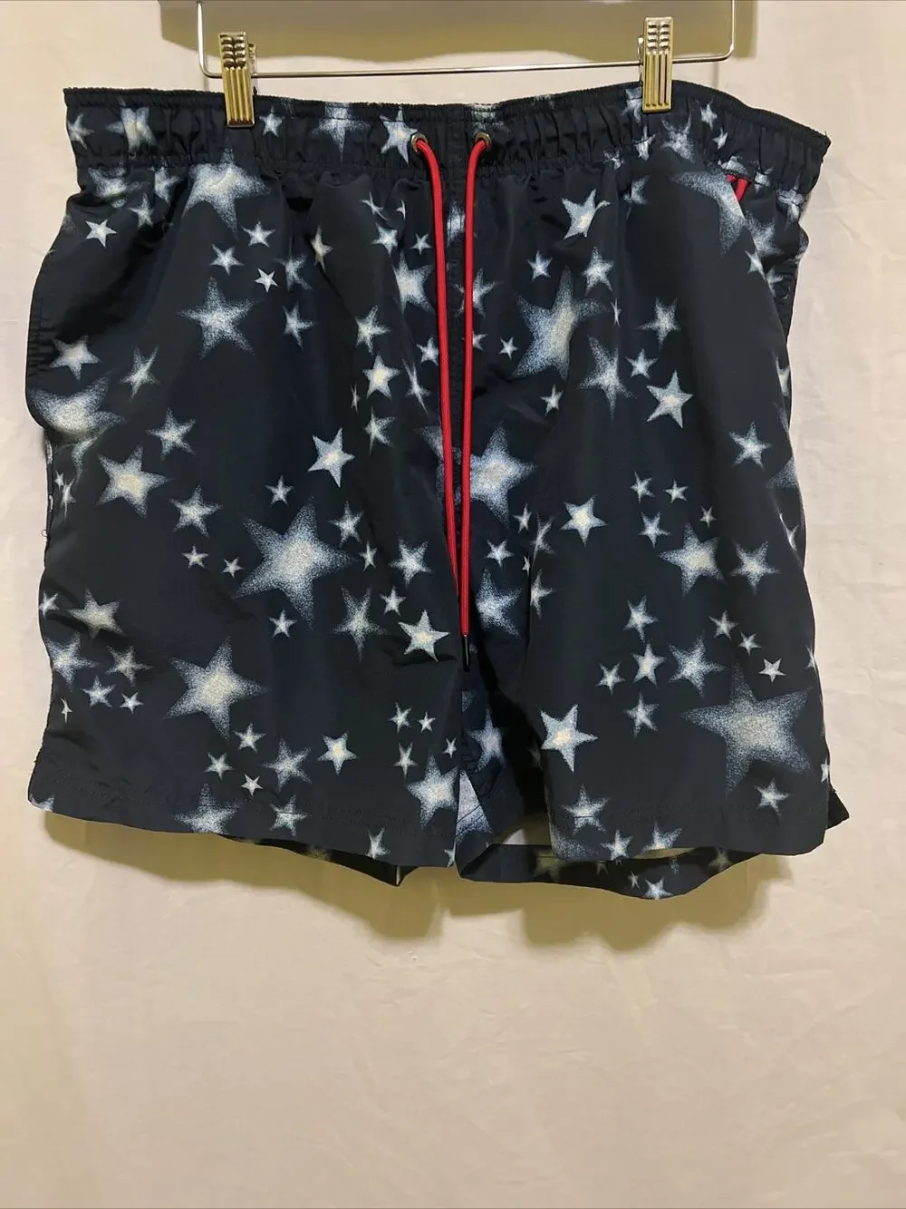 Lands End Men's Swim Short Trunks Sz XL Blue, Red, White Stars Liner & Pockets